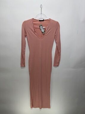 Boohoo Ribbed Long Sleeve Maxi Dress - Blush Pink